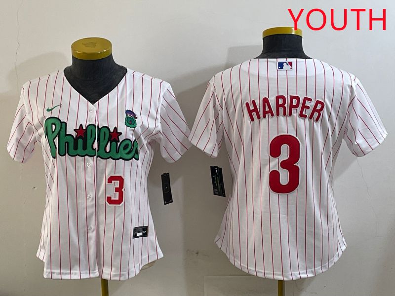 Youth Philadelphia Phillies 3 Harper White Stripe Second generation joint name 2025 Nike MLB Jersey style 3